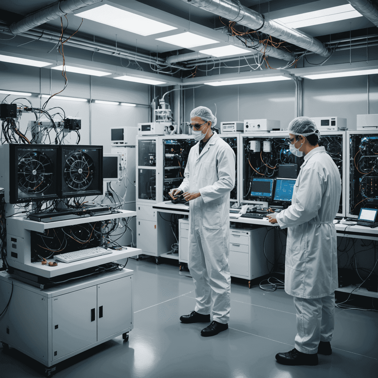 A sophisticated quantum computer setup in a laboratory, with intricate wiring and cooling systems visible. Scientists in clean room suits are working on the machine.
