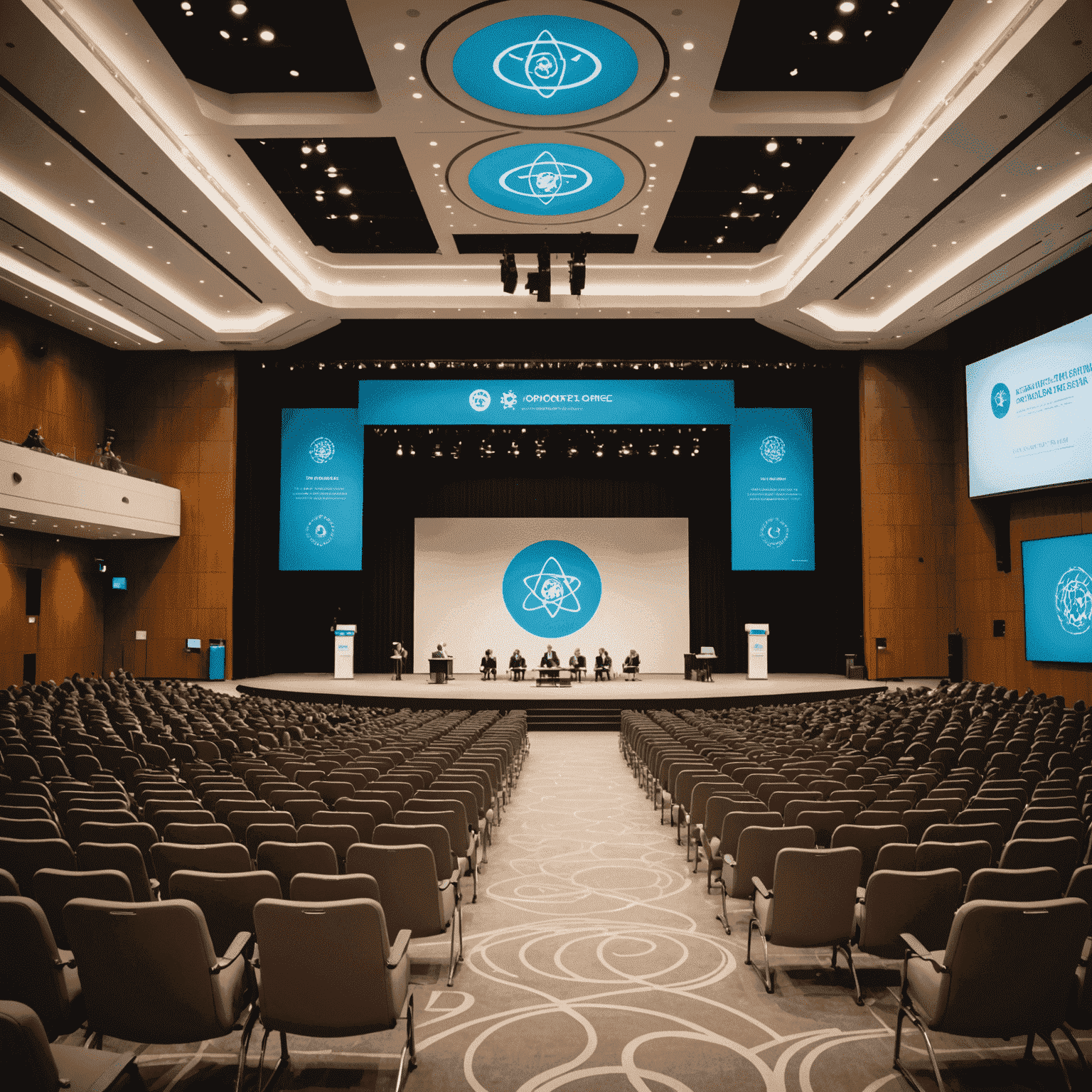 A large conference hall with rows of seats facing a stage, decorated with banners displaying scientific symbols and the conference logo. Attendees are seen entering and finding their seats.