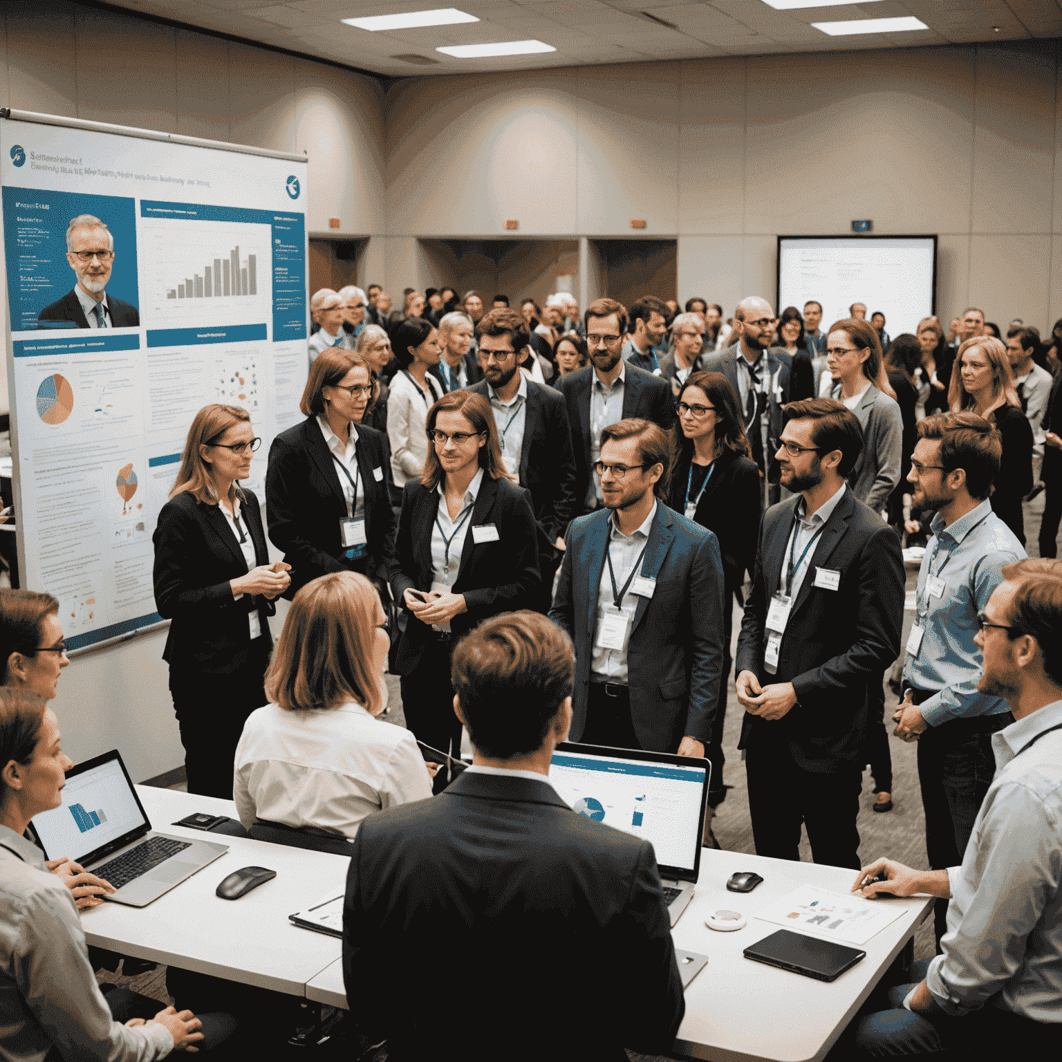 Image depicting a diverse group of researchers presenting their findings at a scientific conference. The scene shows poster sessions, oral presentations, and interactive discussions, highlighting the collaborative nature of the event and the exchange of cutting-edge scientific discoveries.