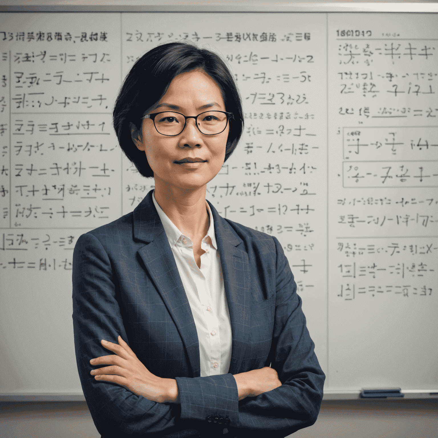 Dr. Emily Chen, a middle-aged Asian woman with short black hair and glasses, standing in front of a whiteboard filled with complex equations