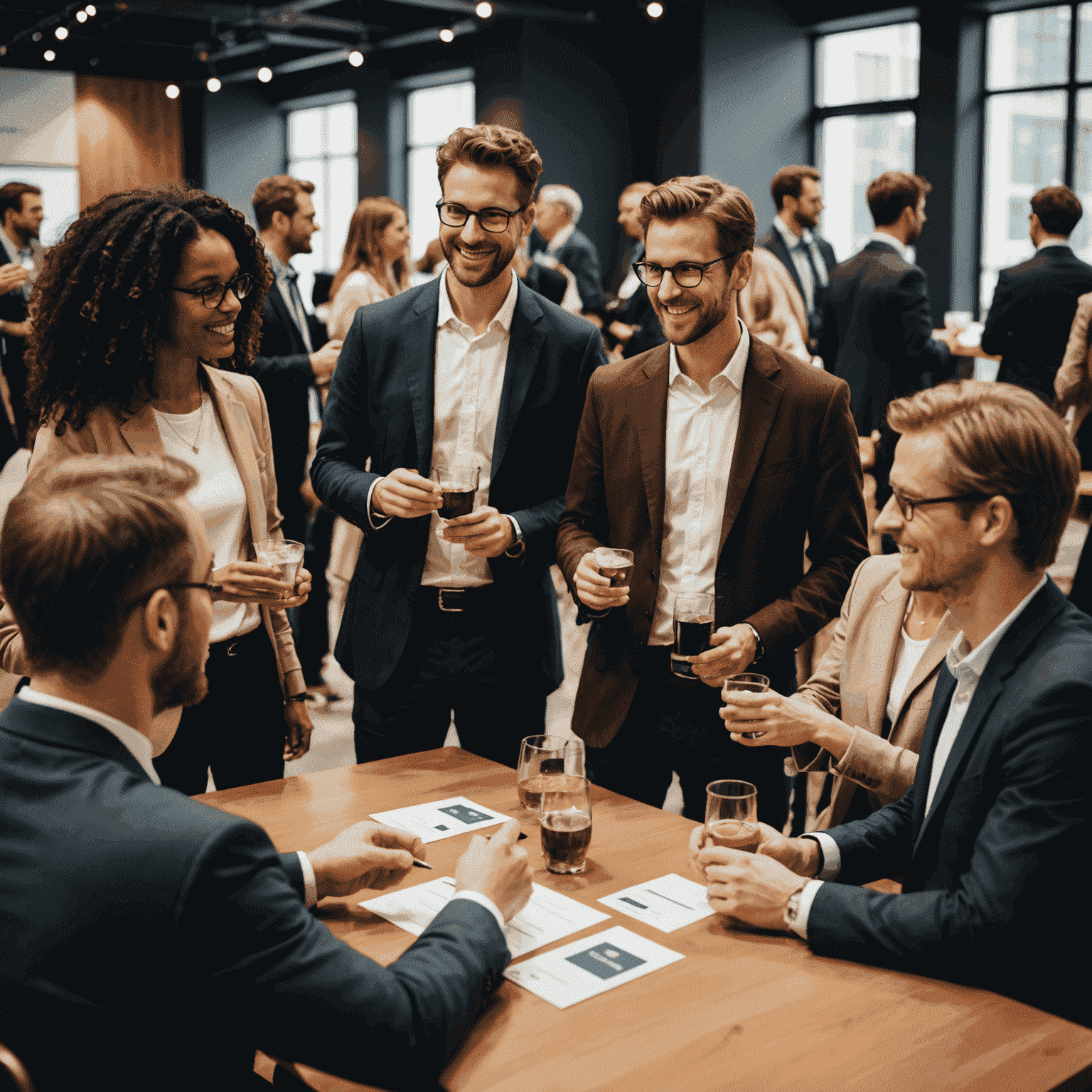 A diverse group of researchers and academics engaged in animated discussion at a networking event. The image shows a mix of formal and casual attire, with people holding drinks and exchanging business cards in a well-lit, modern conference space.