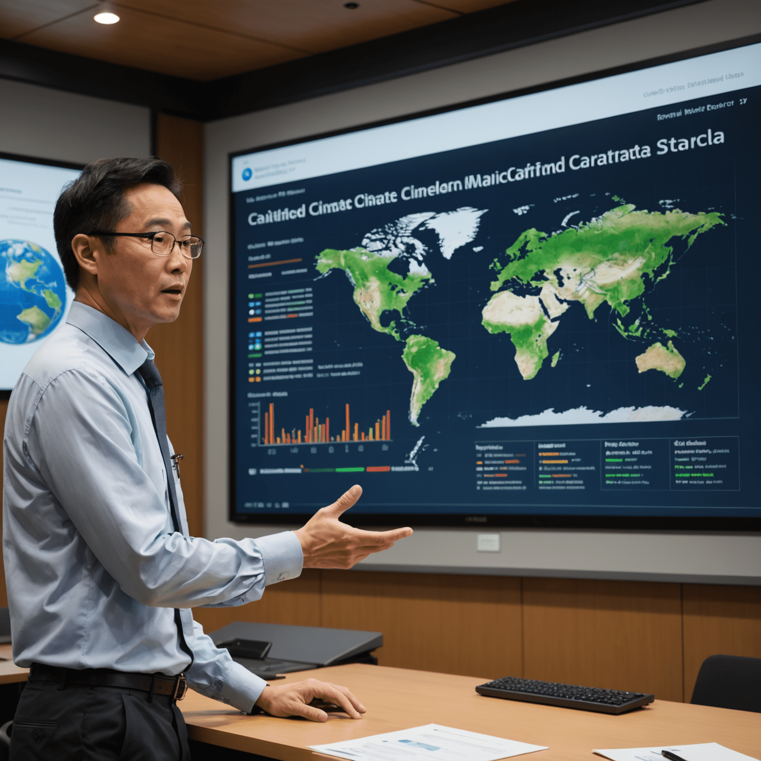 Prof. Michael Chen, expert in climate science, presenting data on a large screen