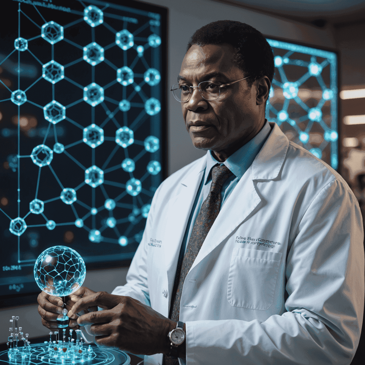 Prof. Michael Okonkwo, a tall African man in his 50s wearing a lab coat, examining a holographic display of molecular structures