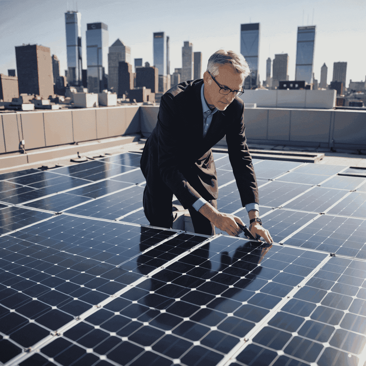 An array of next-generation solar panels on a rooftop, with a cityscape in the background. A scientist is shown inspecting one of the panels up close.