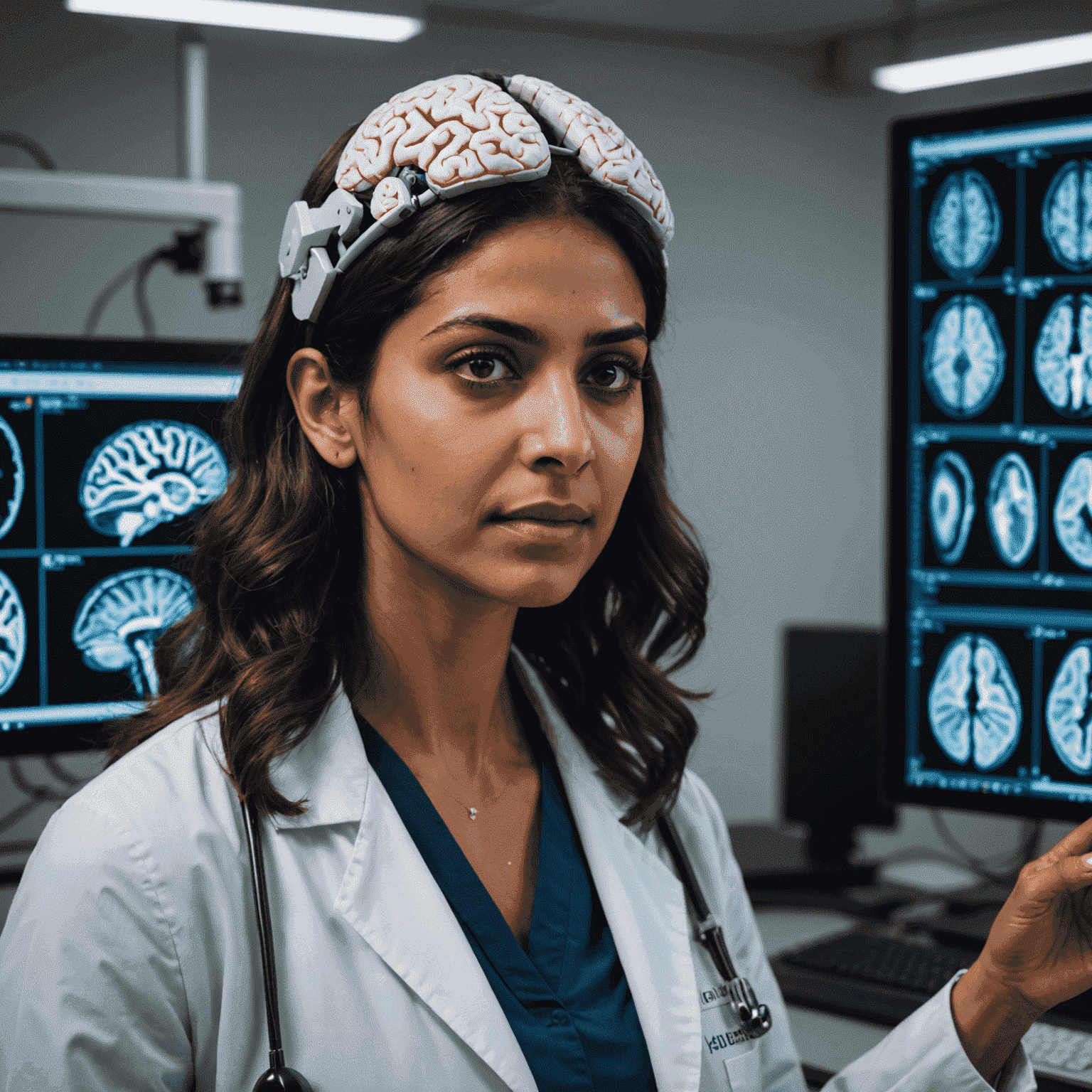 Dr. Amelia Patel, neuroscientist, demonstrating brain imaging techniques