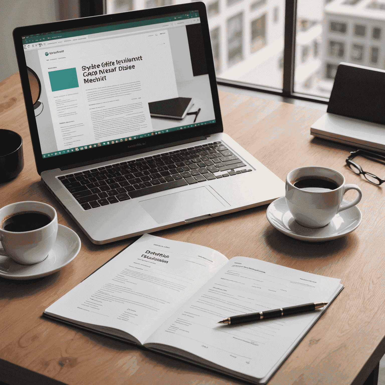 A desk with a laptop, scientific journals, and a cup of coffee. The laptop screen displays a document template for paper submission, with guidelines and deadlines visible.