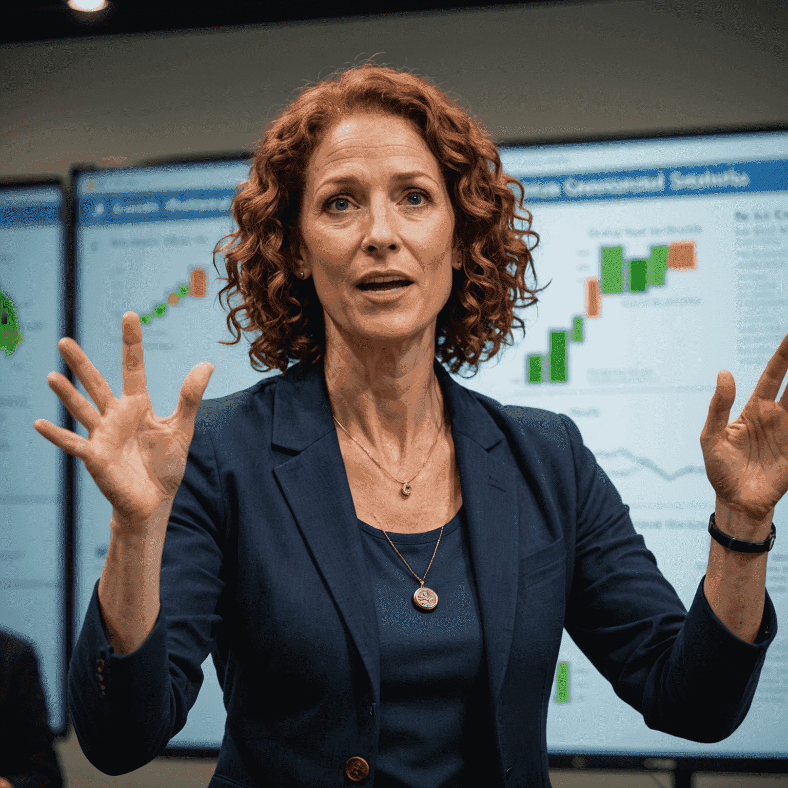 Dr. Sarah Goldstein, a Caucasian woman in her early 40s with curly red hair, gesturing enthusiastically while giving a presentation on climate models