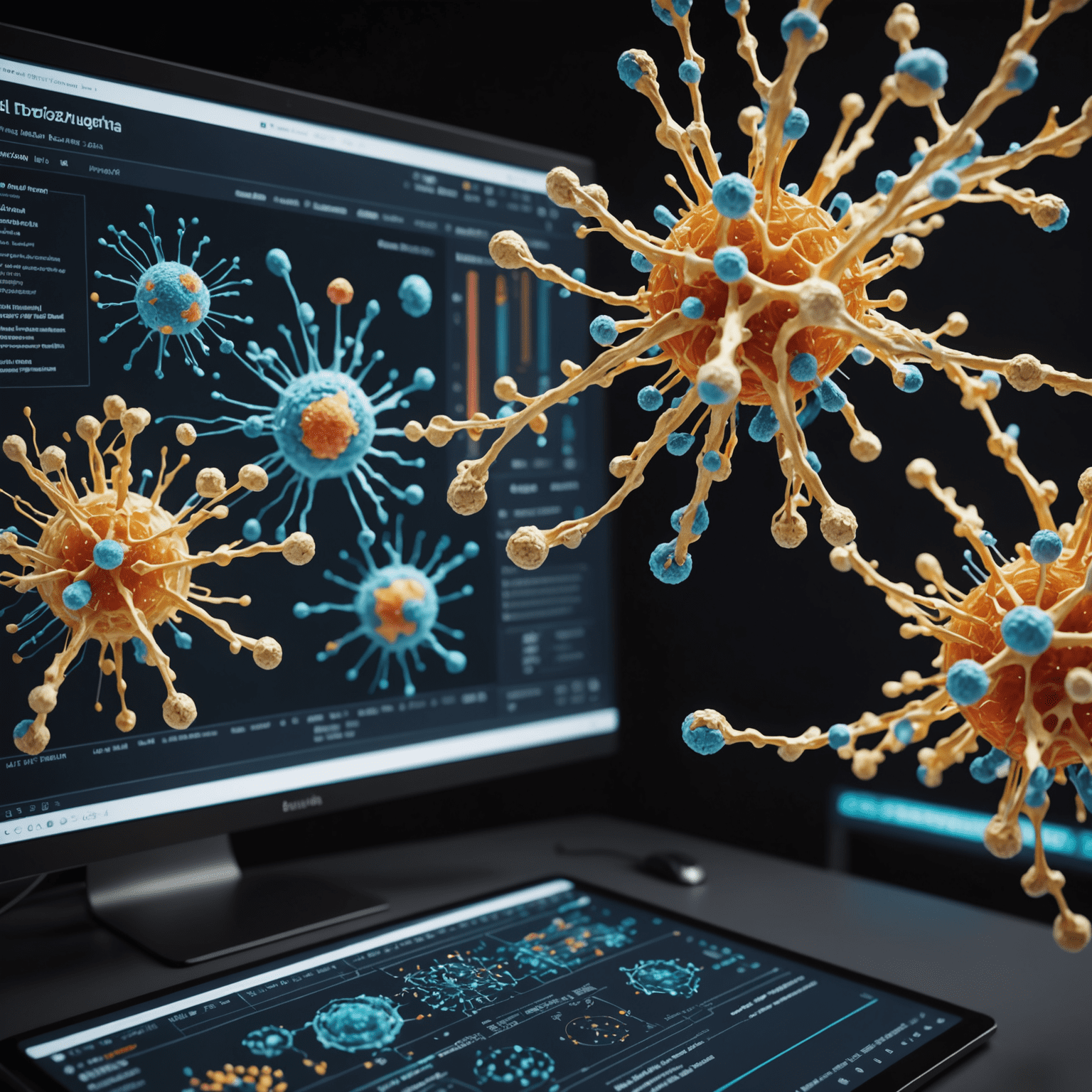 A 3D visualization of complex protein structures on a large screen, with AI algorithms visibly processing data in the foreground.