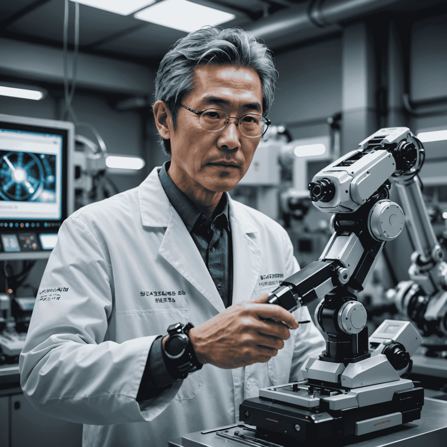 Dr. Hiroshi Tanaka, a Japanese man in his late 50s with salt-and-pepper hair, demonstrating a robotic arm in a high-tech laboratory