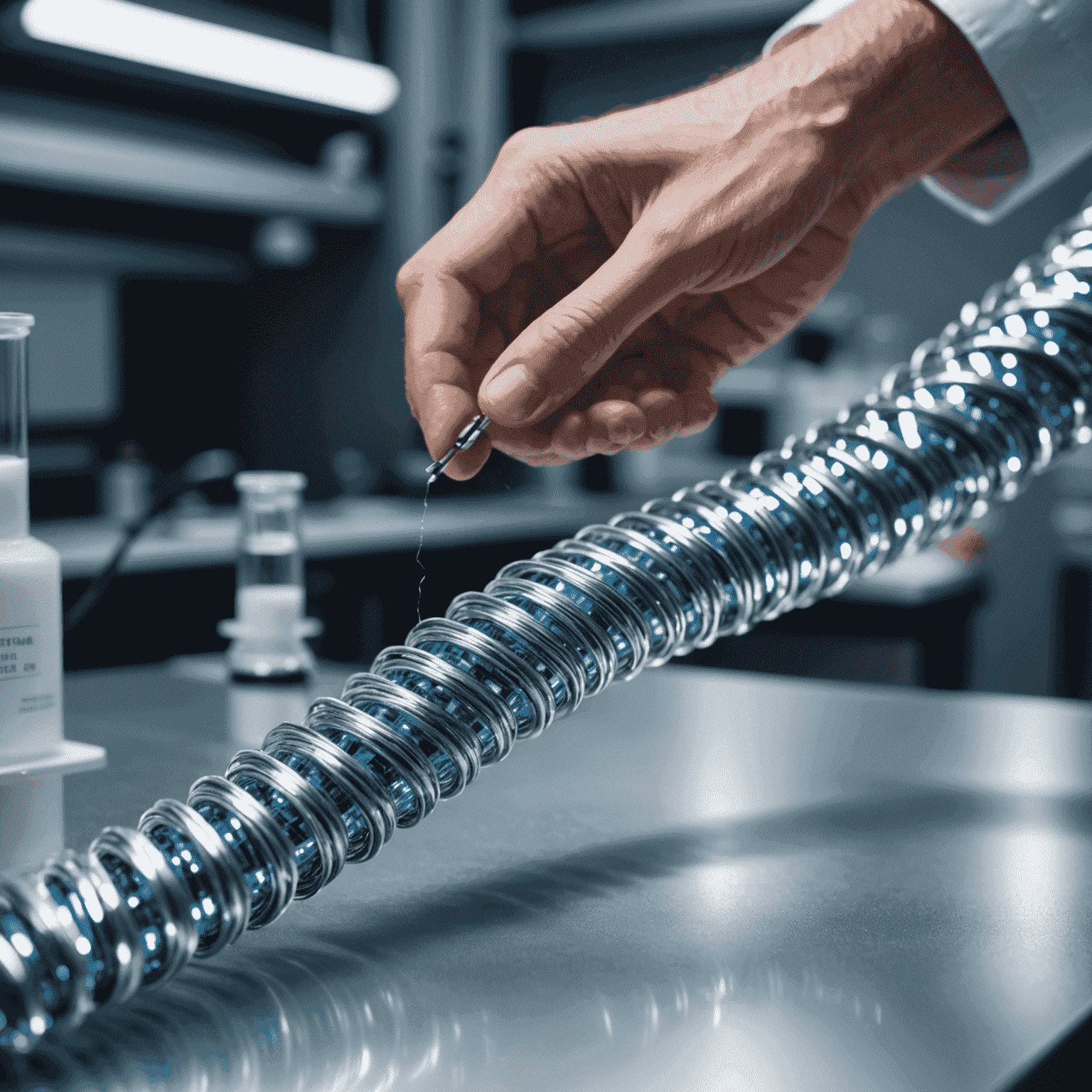 A close-up of a shimmering, flexible electronic material being bent and twisted by researchers in a high-tech laboratory setting.