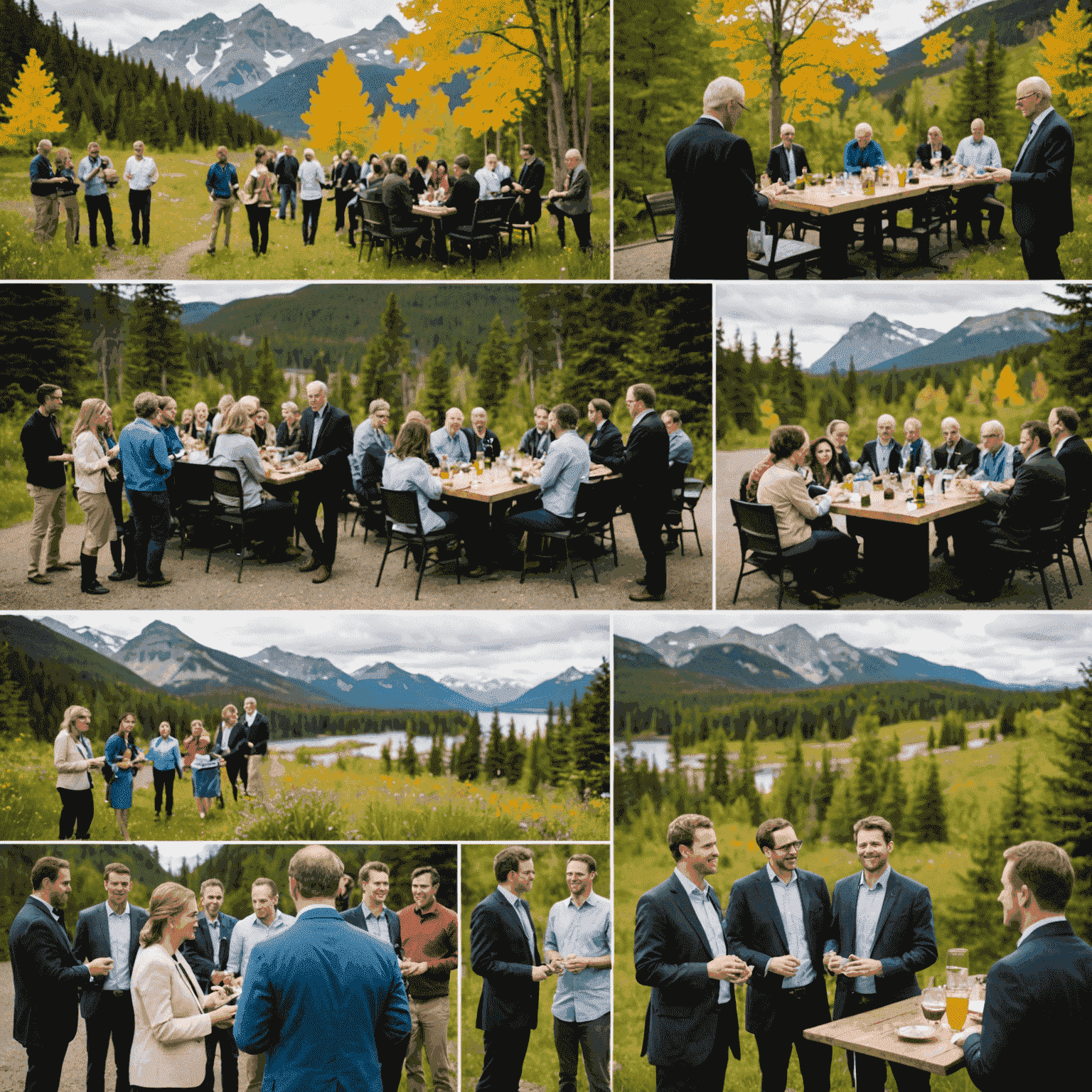A montage of images showing various networking events: a cocktail reception with scientists mingling, a workshop with participants collaborating on a project, and an outdoor team-building activity in a scenic Canadian setting.