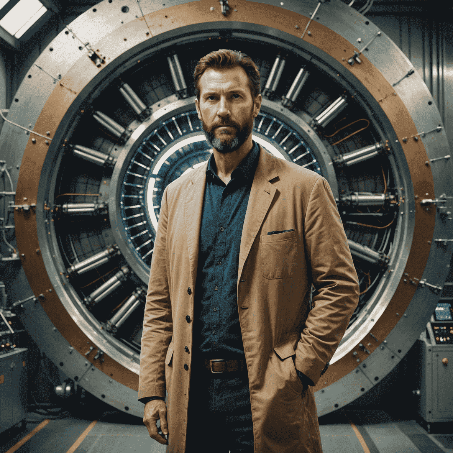 Dr. Alexander Novak, a tall Caucasian man with a beard in his early 50s, standing next to a large particle accelerator